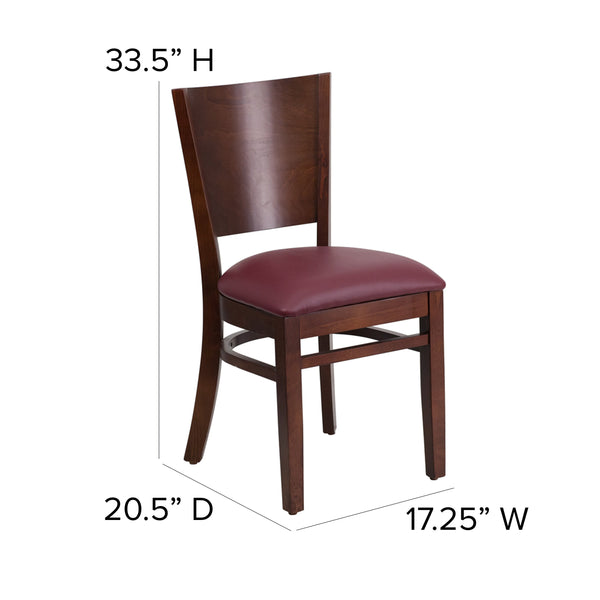 Burgundy Vinyl Seat/Walnut Wood Frame |#| Solid Back Walnut Wood Restaurant Chair - Burgundy Vinyl Seat