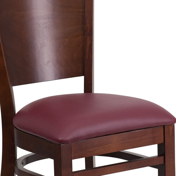 Burgundy Vinyl Seat/Walnut Wood Frame |#| Solid Back Walnut Wood Restaurant Chair - Burgundy Vinyl Seat