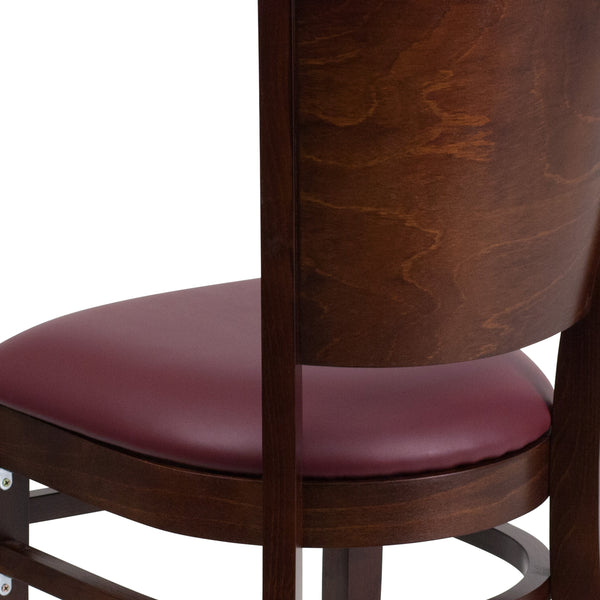 Burgundy Vinyl Seat/Walnut Wood Frame |#| Solid Back Walnut Wood Restaurant Chair - Burgundy Vinyl Seat