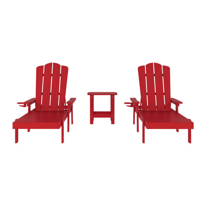 Sonora Commercial Grade 3 Piece Indoor/Outdoor Adirondack Set with 2 Adjustable HDPE Loungers with Cup Holders and 2-Tier Side Table - View 1