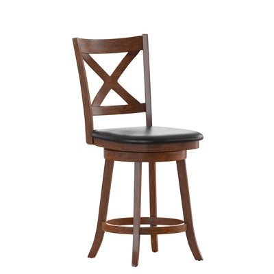 Sora 24" Classic Wooden Crossback Swivel Counter Height Pub Stool with Upholstered Padded Seat and Integrated Footrest - View 1
