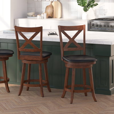 Sora 24" Classic Wooden Crossback Swivel Counter Height Pub Stool with Upholstered Padded Seat and Integrated Footrest - View 2