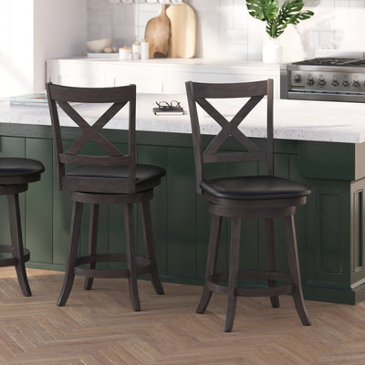 Sora 24" Classic Wooden Crossback Swivel Counter Height Pub Stool with Upholstered Padded Seat and Integrated Footrest - View 2