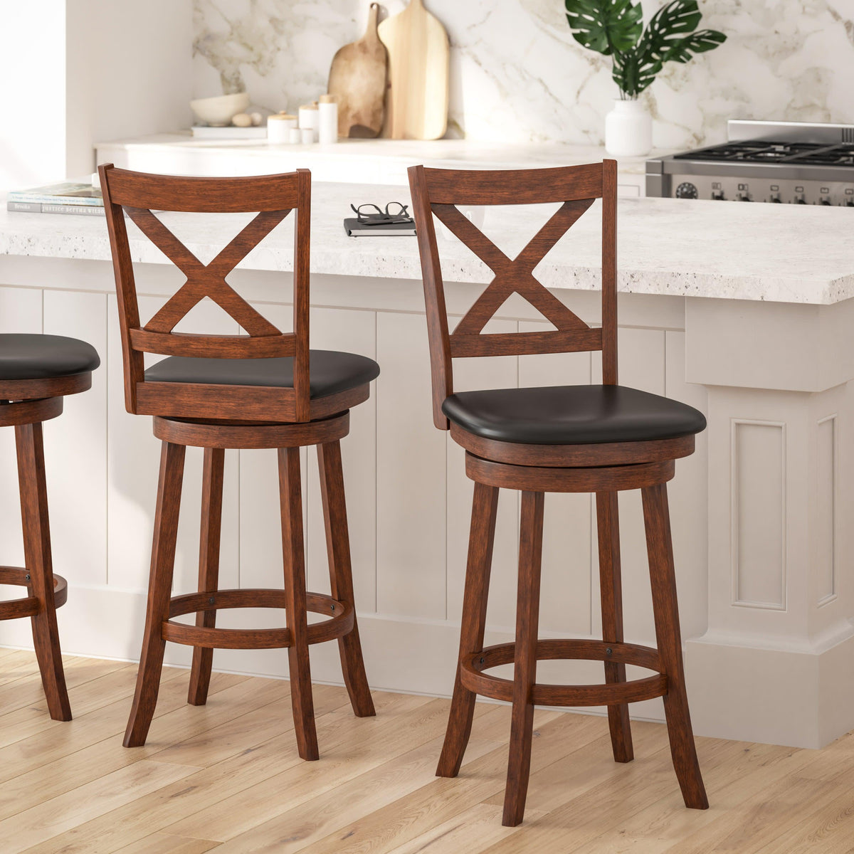 Black Vinyl/Antique Oak Frame |#| 30inch Crossback Wooden Swivel Stool - Padded Seat-Antique Oak/Black Faux Leather