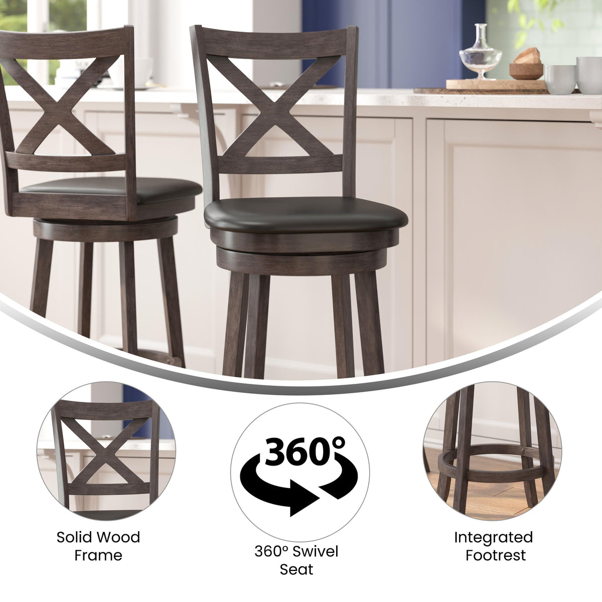 Black Vinyl/Gray Wash Walnut Frame |#| 30inch Crossback Wooden Swivel Stool - Padded Seat-Gray Wash/Black Faux Leather