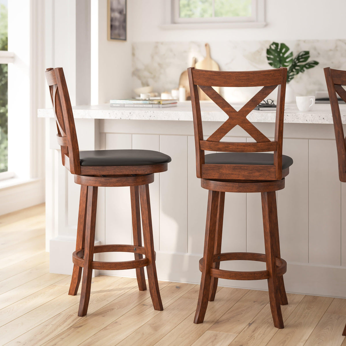 Black Vinyl/Antique Oak Frame |#| 30inch Crossback Wooden Swivel Stool - Padded Seat-Antique Oak/Black Faux Leather