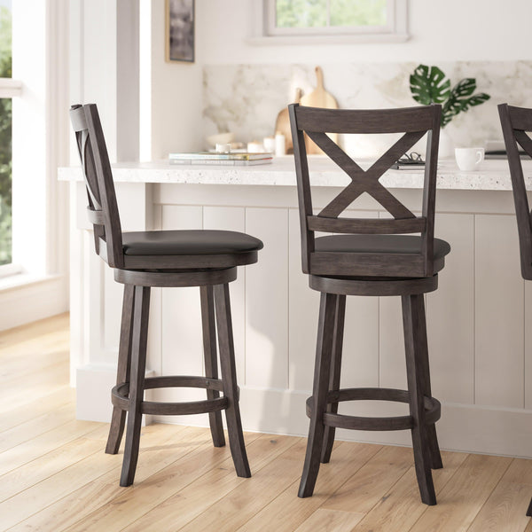 Black Vinyl/Gray Wash Walnut Frame |#| 30inch Crossback Wooden Swivel Stool - Padded Seat-Gray Wash/Black Faux Leather