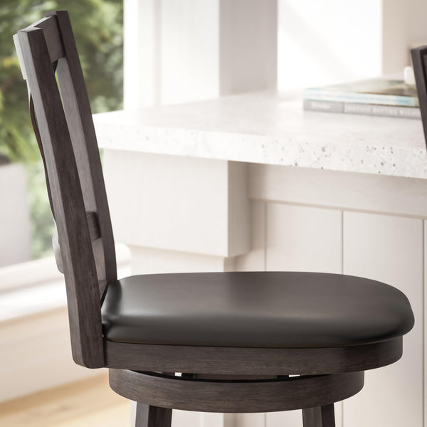 Black Vinyl/Gray Wash Walnut Frame |#| 30inch Crossback Wooden Swivel Stool - Padded Seat-Gray Wash/Black Faux Leather