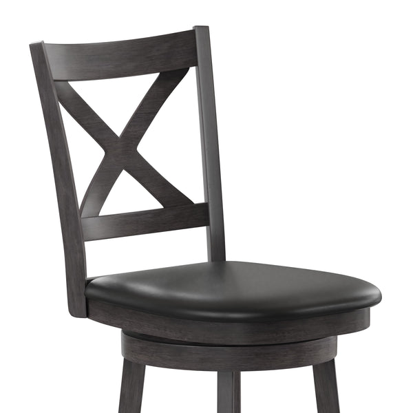 Black Vinyl/Gray Wash Walnut Frame |#| 30inch Crossback Wooden Swivel Stool - Padded Seat-Gray Wash/Black Faux Leather