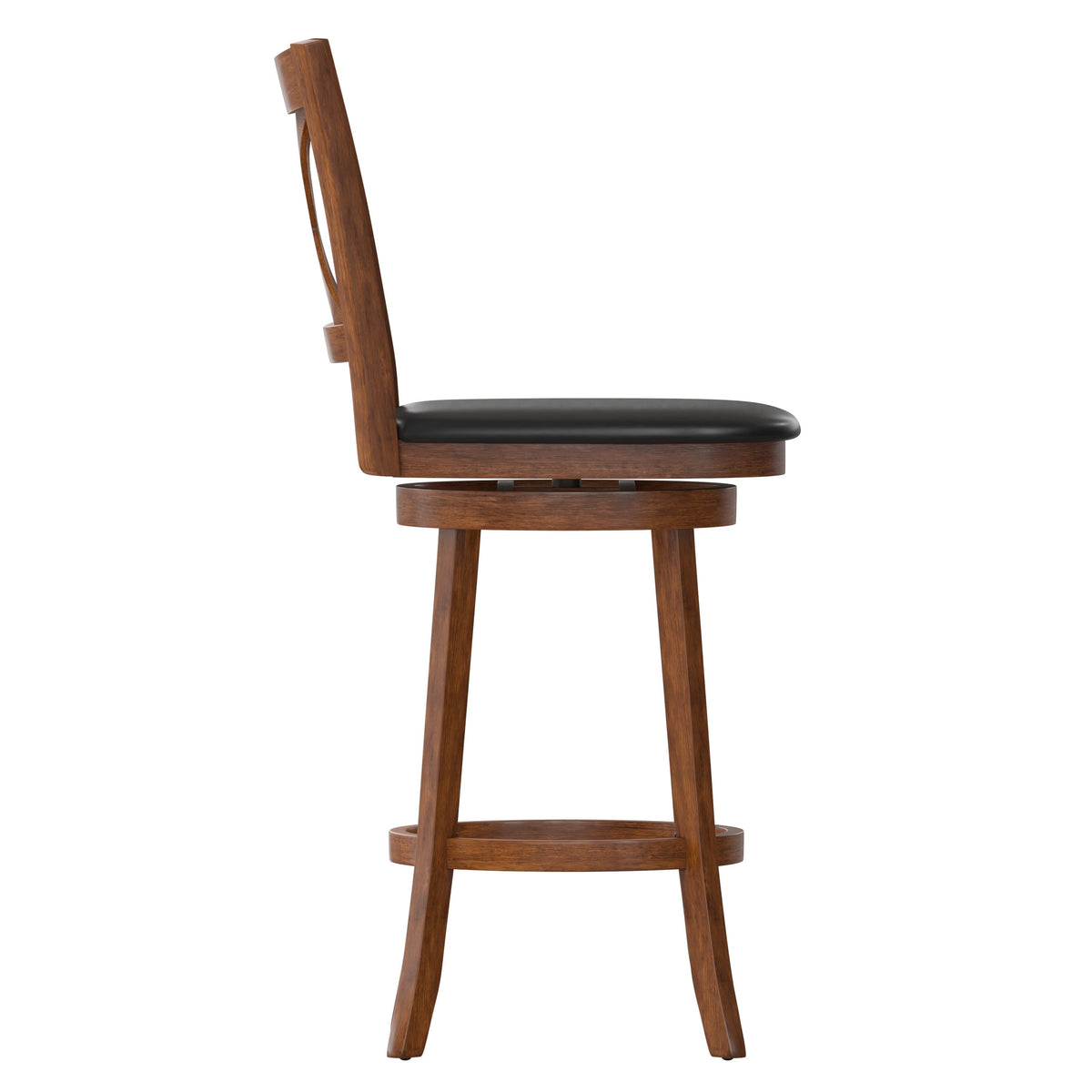 Black Vinyl/Antique Oak Frame |#| 30inch Crossback Wooden Swivel Stool - Padded Seat-Antique Oak/Black Faux Leather