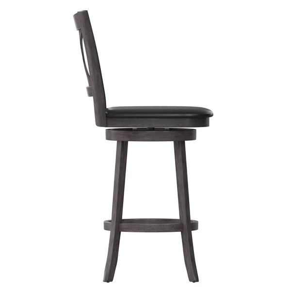 Black Vinyl/Gray Wash Walnut Frame |#| 30inch Crossback Wooden Swivel Stool - Padded Seat-Gray Wash/Black Faux Leather