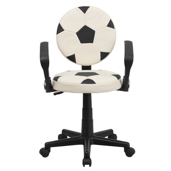 Black and White |#| Soccer Vinyl Upholstered Swivel Task Office Chair w/ Arms and Adjustable Height