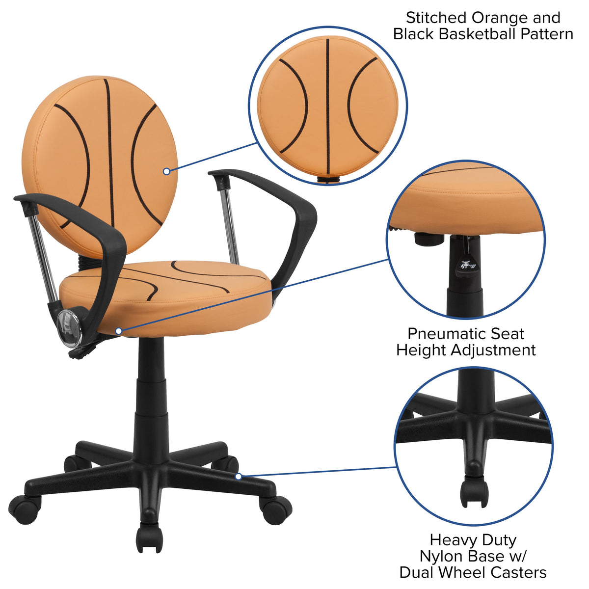 Black and Orange |#| Basketball Vinyl Upholstered Swivel Task Chair with Arms and Adjustable Height