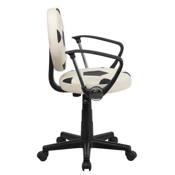Black and White |#| Soccer Vinyl Upholstered Swivel Task Office Chair w/ Arms and Adjustable Height