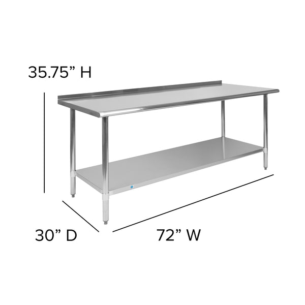 72"W x 30"D |#| Stainless Steel 18 Gauge Work Table with Backsplash and Shelf, NSF - 72"W x 30"D