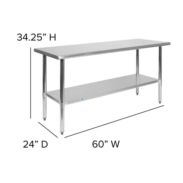 60"W x 24"D |#| Stainless Steel 18 Gauge Work Table with Undershelf, NSF - 60"W x 24"D x 34.5"H