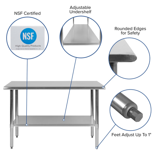 48"W x 24"D |#| Stainless Steel 18 Gauge Work Table with Undershelf, NSF - 48"W x 24"D x 34.5"H