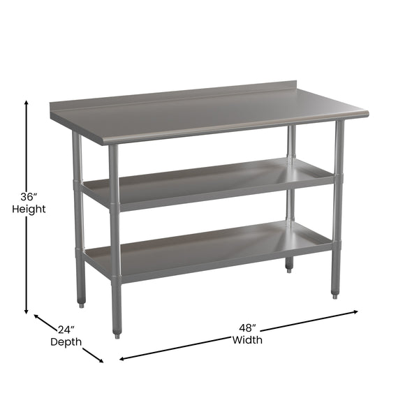 48"W x 24"D |#| 48"W x 24"D NSF Stainless Steel 18 Gauge Work Table - Backsplash and 2 Shelves