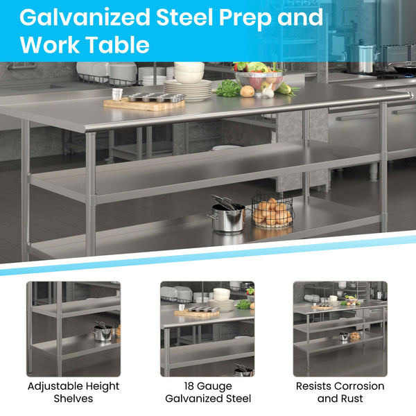 72"W x 30"D |#| 72"W x 30"D NSF Stainless Steel 18 Gauge Work Table - Backsplash and 2 Shelves