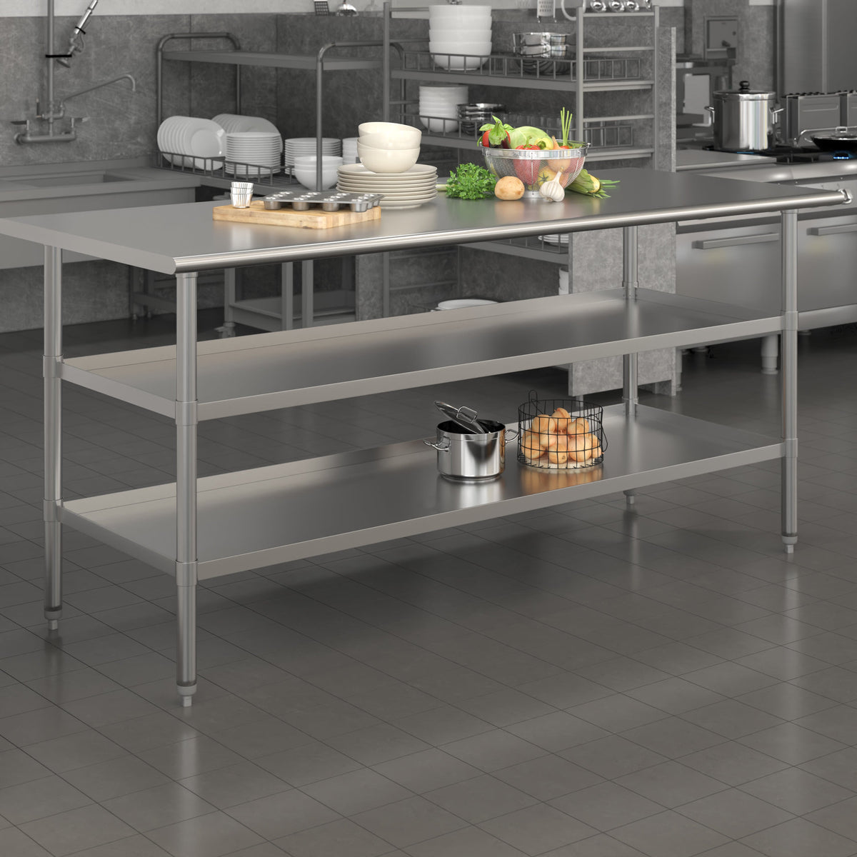 72"W x 30"D |#| 72"W x 30"D NSF Stainless Steel 18 Gauge Work Table with 2 Undershelves