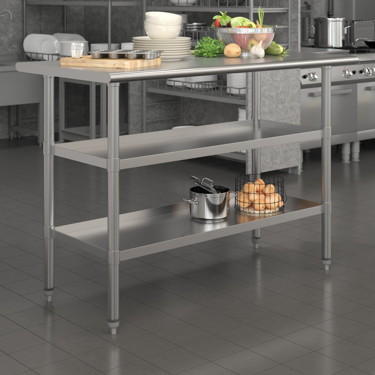 48"W x 24"D |#| 48"W x 24"D NSF Stainless Steel 18 Gauge Work Table with 2 Undershelves