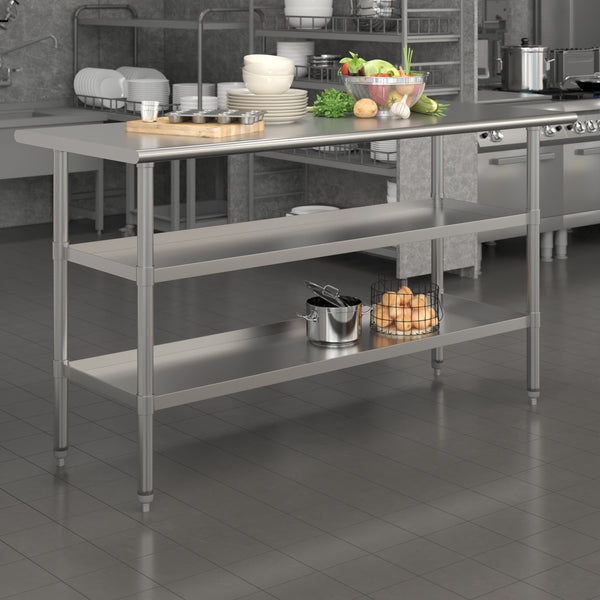 60"W x 24"D |#| 60"W x 24"D NSF Stainless Steel 18 Gauge Work Table with 2 Undershelves