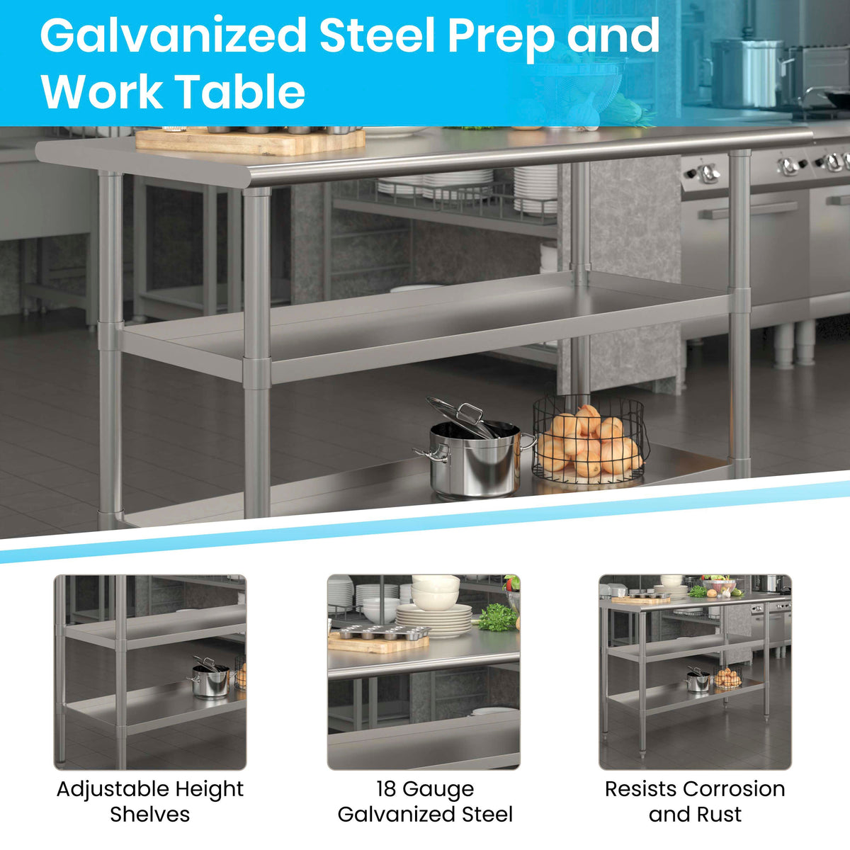 48"W x 24"D |#| 48"W x 24"D NSF Stainless Steel 18 Gauge Work Table with 2 Undershelves