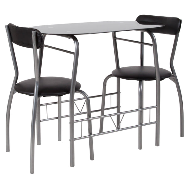 Black |#| 3 Piece Space-Saver Bistro Set with Black Glass Top Table & Black Vinyl Chairs