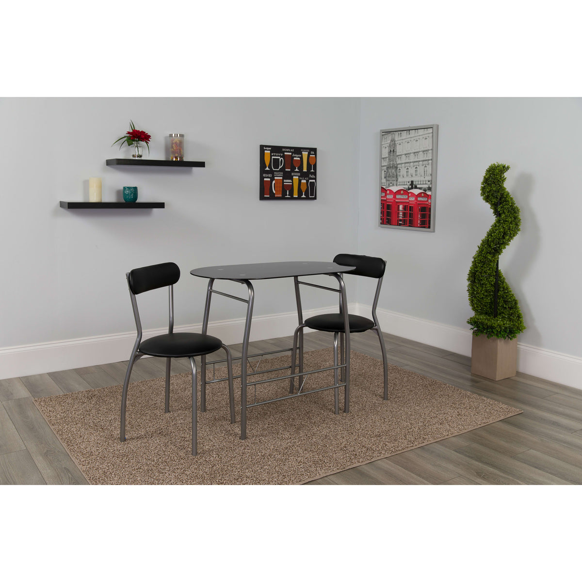 Black |#| 3 Piece Space-Saver Bistro Set with Black Glass Top Table & Black Vinyl Chairs