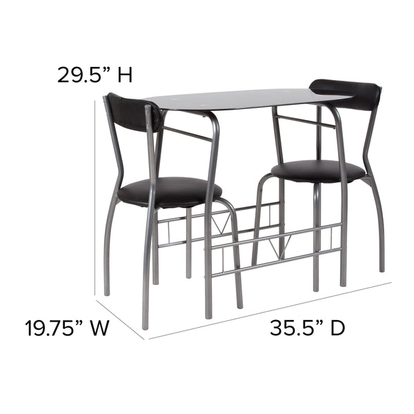 Black |#| 3 Piece Space-Saver Bistro Set with Black Glass Top Table & Black Vinyl Chairs