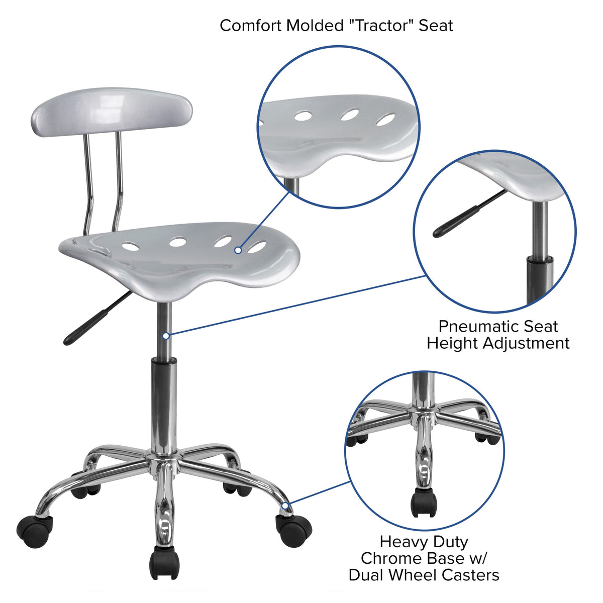 Silver |#| Vibrant Silver and Chrome Swivel Task Office Chair with Tractor Seat