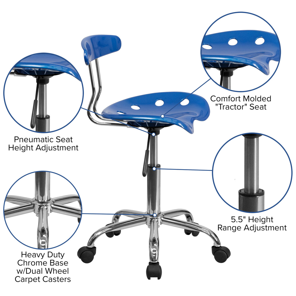 Bright Blue |#| Vibrant Bright Blue and Chrome Swivel Task Office Chair with Tractor Seat