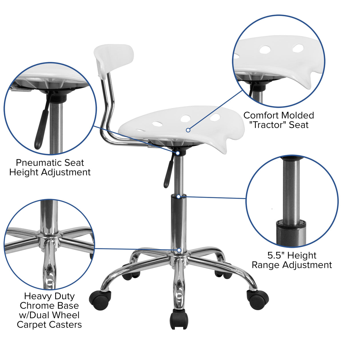 White |#| Vibrant White and Chrome Swivel Task Office Chair with Tractor Seat