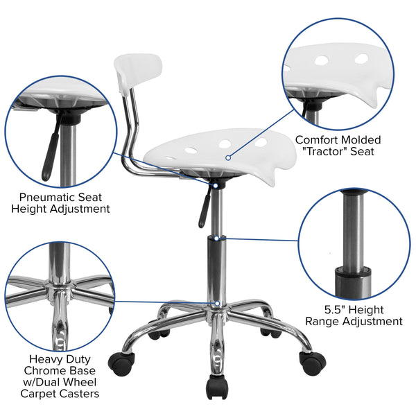 White |#| Vibrant White and Chrome Swivel Task Office Chair with Tractor Seat