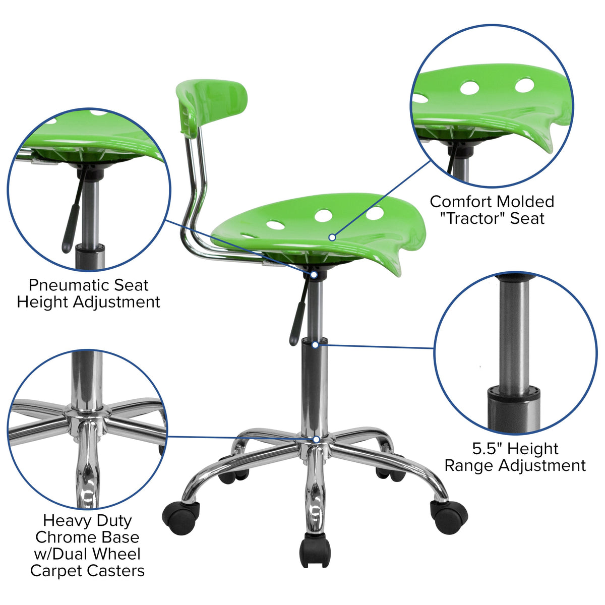 Apple Green |#| Vibrant Apple Green and Chrome Swivel Task Office Chair with Tractor Seat