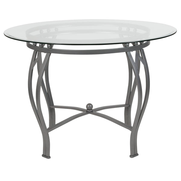 Clear Top/Matte Gold Frame |#| 42inch Round Glass Dining Table with Bowed Out Matte Gold Metal Frame