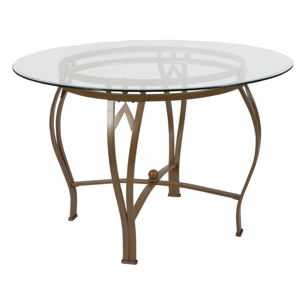 Clear Top/Matte Gold Frame |#| 45inch Round Glass Dining Table with Bowed Out Matte Gold Metal Frame