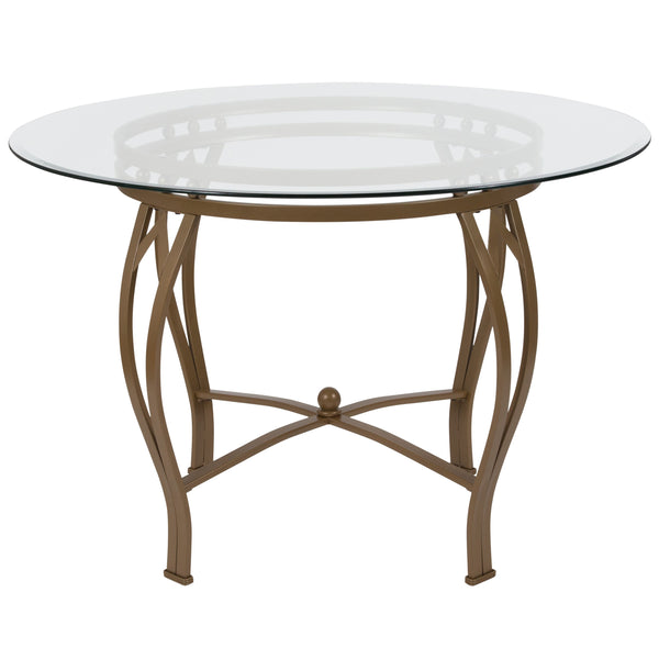 Clear Top/Silver Frame |#| 45inch Round Glass Dining Table with Bowed Out Silver Metal Frame