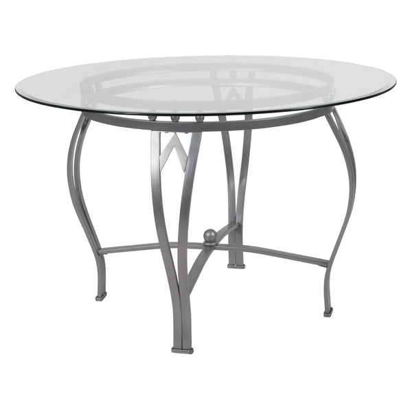 Clear Top/Silver Frame |#| 45inch Round Glass Dining Table with Bowed Out Silver Metal Frame