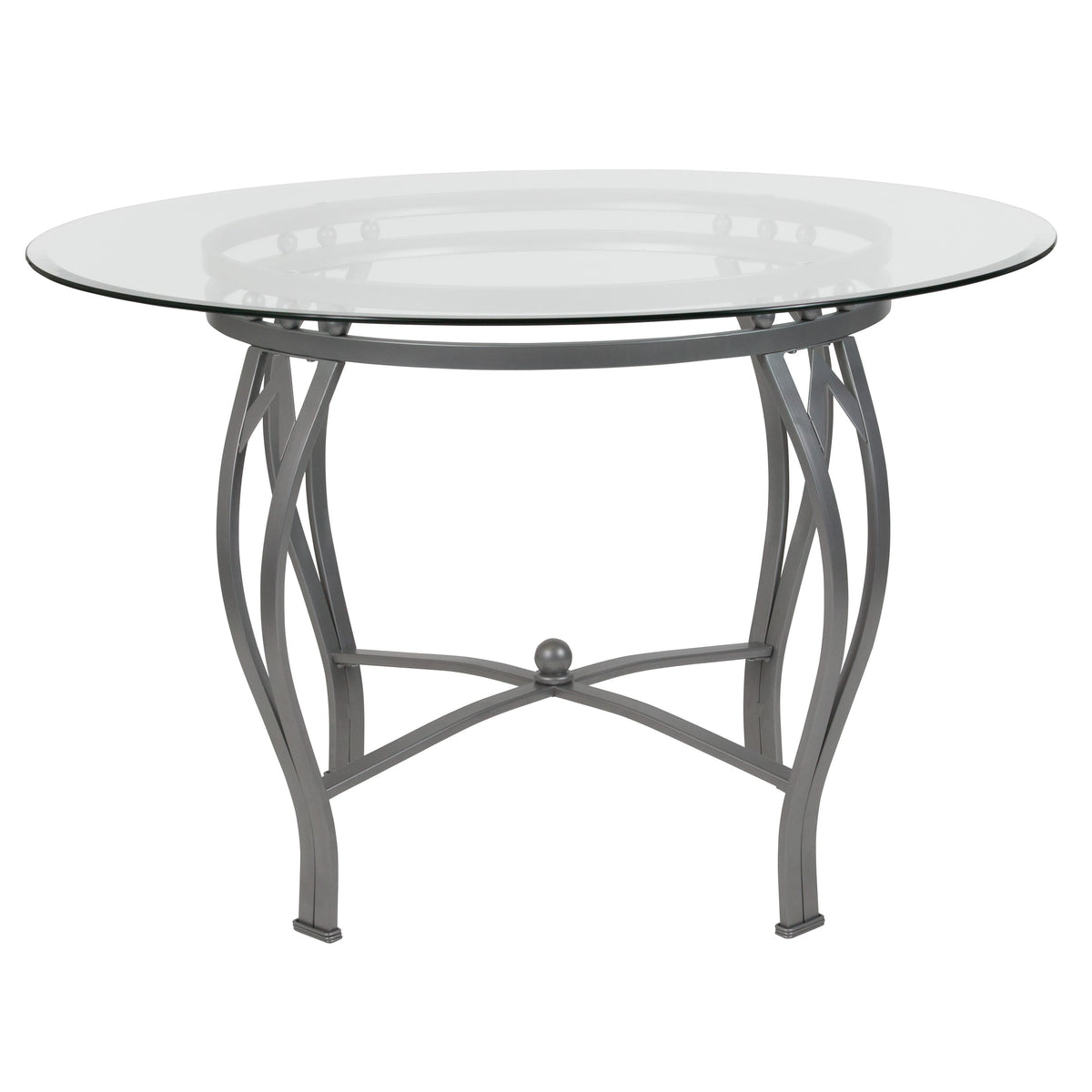 Clear Top/Silver Frame |#| 45inch Round Glass Dining Table with Bowed Out Silver Metal Frame