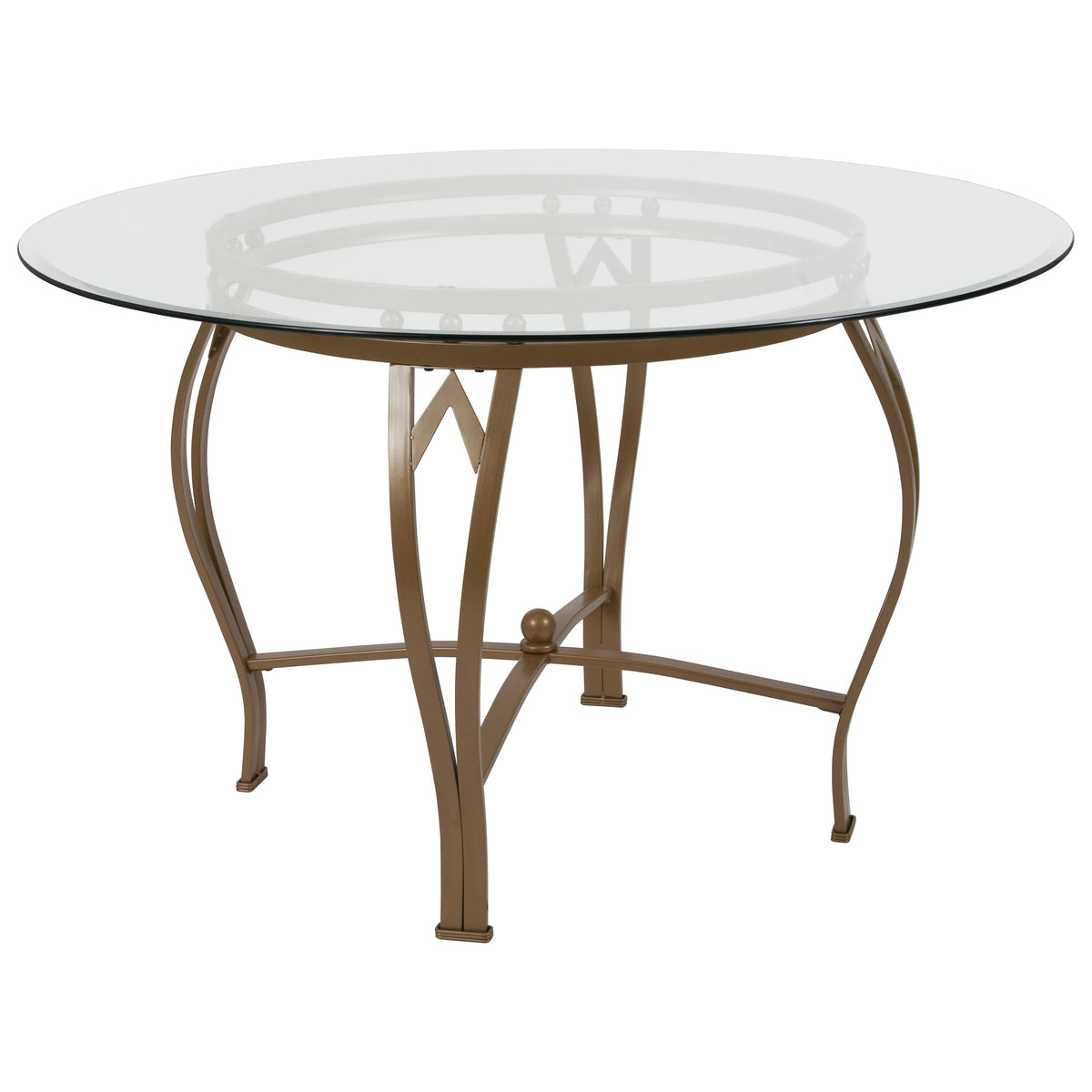 Clear Top/Matte Gold Frame |#| 48inch Round Glass Dining Table with Bowed Out Matte Gold Metal Frame