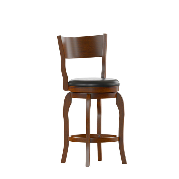 Black Vinyl/Antique Oak Frame |#| 24inch Open Back Wooden Swivel Stool - Padded Seat-Antique Oak/Black Faux Leather