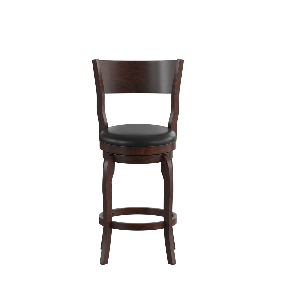 Black Vinyl/Espresso Frame |#| 24inch Open Back Wooden Swivel Stool - Padded Seat-Espresso/Black Faux Leather