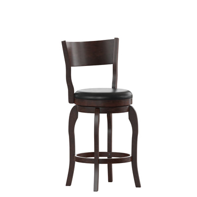 Tally 24" Classic Wooden Open Back Swivel Counter Height Pub Stool with Upholstered Padded Seat and Integrated Footrest - View 1
