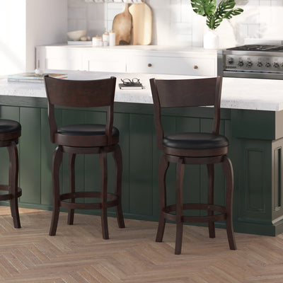 Tally 24" Classic Wooden Open Back Swivel Counter Height Pub Stool with Upholstered Padded Seat and Integrated Footrest - View 2
