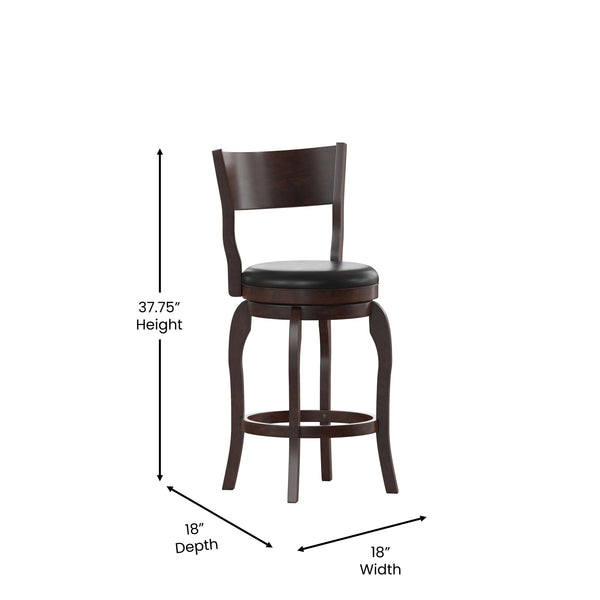 Black Vinyl/Espresso Frame |#| 24inch Open Back Wooden Swivel Stool - Padded Seat-Espresso/Black Faux Leather