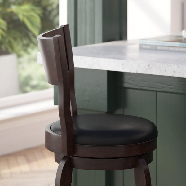 Black Vinyl/Espresso Frame |#| 24inch Open Back Wooden Swivel Stool - Padded Seat-Espresso/Black Faux Leather