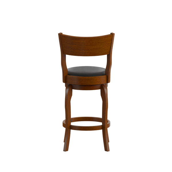 Black Vinyl/Antique Oak Frame |#| 24inch Open Back Wooden Swivel Stool - Padded Seat-Antique Oak/Black Faux Leather