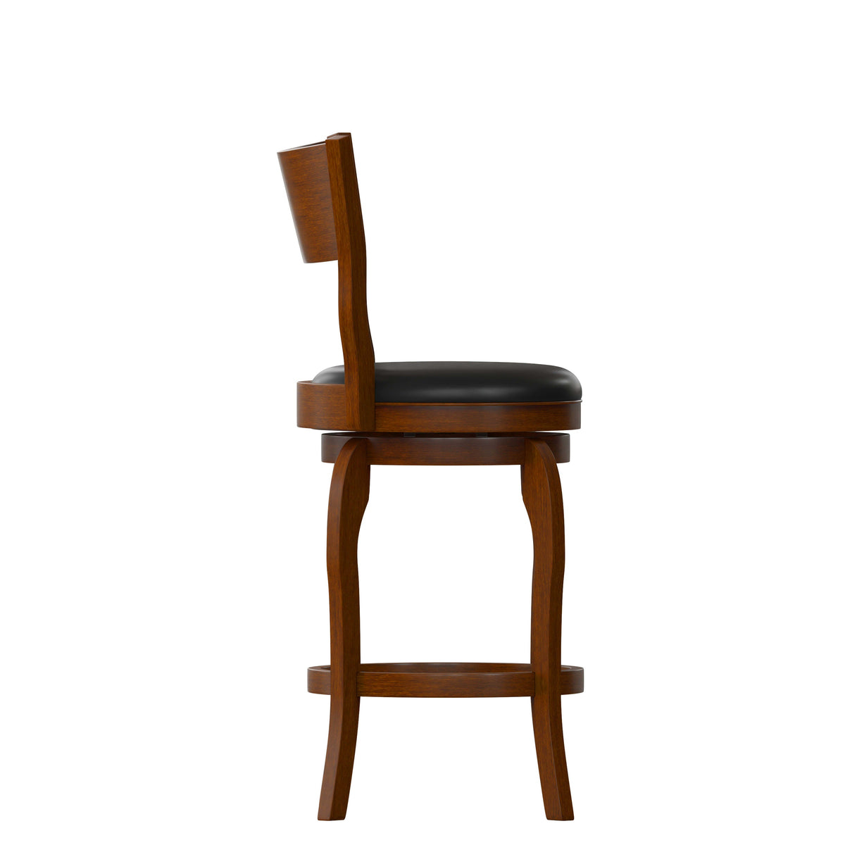 Black Vinyl/Antique Oak Frame |#| 24inch Open Back Wooden Swivel Stool - Padded Seat-Antique Oak/Black Faux Leather