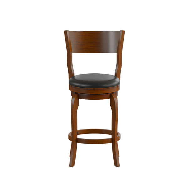 Black Vinyl/Antique Oak Frame |#| 24inch Open Back Wooden Swivel Stool - Padded Seat-Antique Oak/Black Faux Leather